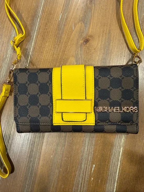 Michael Kors Check Wallet Crossbody Purse Brown Yellow Strap Clutch Dopamine Y2K - Picture 2 of 8
